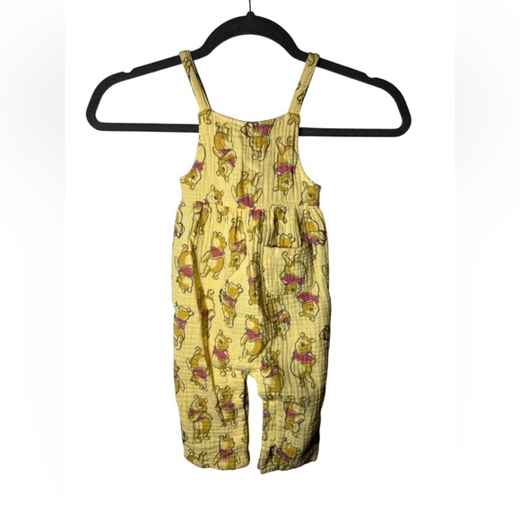 Disney Baby Winnie the Pooh Yellow Overalls Jumper 12M Muslin Cotton Romper - Picture 1 of 8